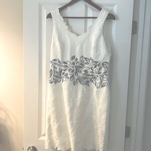 Antonio Melani Dress. White with black embroidered flowers.